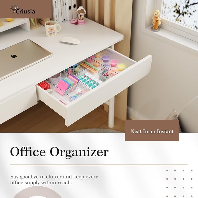 Criusia 14 PCS Clear Plastic Drawer Organizer Set - 5 Large Size Versatile Kitchen and Bathroom Organizer Trays, Non-Slip Storage Bins for Makeup, Utensils, Tool and Office Desk-NeatNest