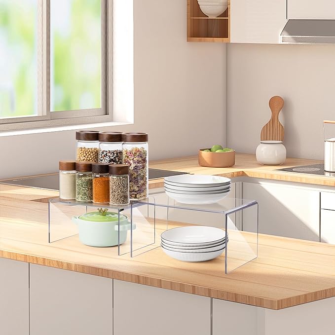 Acrylic Clear Kitchen Rack for Dishes, Spices Jars and Mugs, Kitchen Counter Cabinet Organizer, Clear Spice Rack Shelves, 5mm Thick, 2 Pack-NeatNest