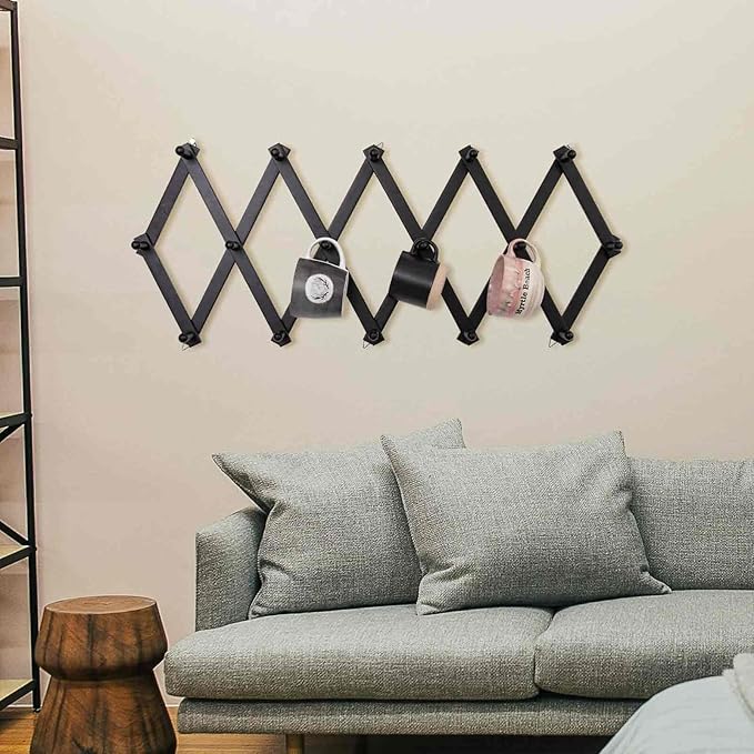 Accordion Wall Hanger with 16 Hooks, Wooden Wall Expandable Coat Rack for Coat, Hats, Baseball Caps, Coffee Mug, Jewelry(Black)-NeatNest