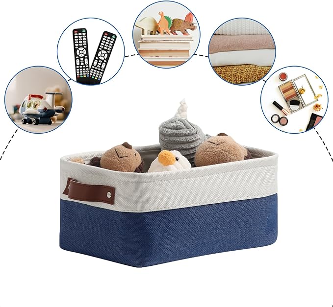 DULLEMELO Small Storage Bin,Small Fabric Rectangular Storage Basket for Shelves,Collapsible Bin for Toy and Clothes Storage (White&Blue,1 Pack)-NeatNest