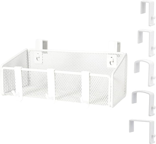 Bedside Caddy Shelf Hanging Storage Basket for Bunk Bed and Office Cubical Walls,Baby Bed Rails,College Dorm Bed Organizer - 5 Pairs Sized Hooks-for Phone Glass Magazine Decor (White)-NeatNest