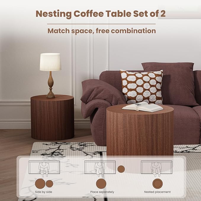 Round Nesting Coffee Table Set of 2 Modern Wood Coffee Tables Handcraft Drum Coffees Table Farmhouse Round Sofa Side Tables End Table for Living Room Small Spaces (Dark Wood)
