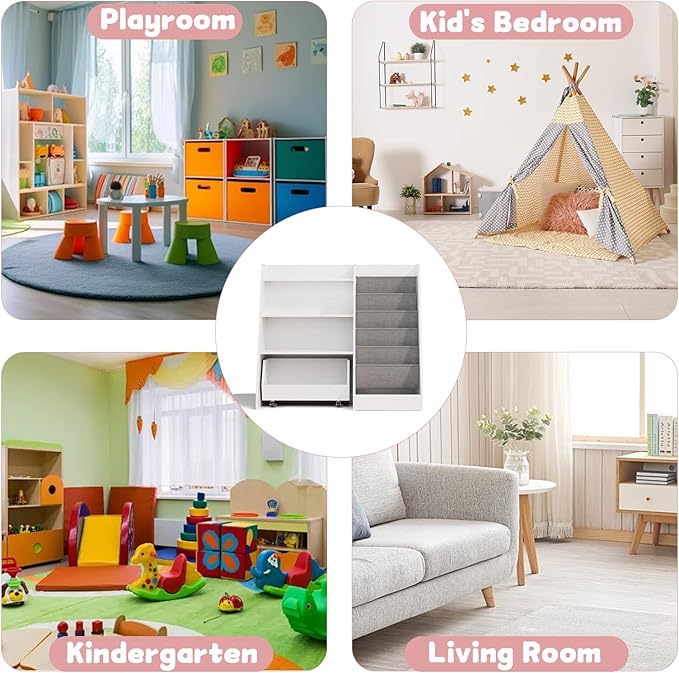 COZPAW Kids Bookshelf and Toy Storage, 4 Tier Toddler Bookshelf with Movable Drawer 5 Sling Pockets, Montessori Book Shelf for Kids Room, Playroom, Nursery (White)-NeatNest