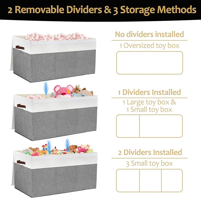 Extra Large Toy Storage Box with Lid, Sturdy Toys Storage Chest Bin Organizer Basket with Dividers for Kids, Boys, Girls, Nursery, Closet, Bedroom, Playroom 35.5"x17" x17"(Grey and White)-NeatNest