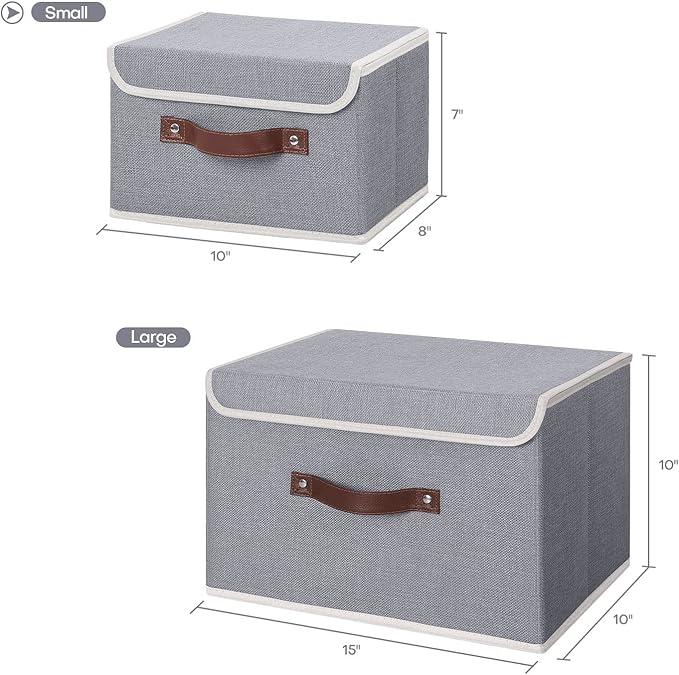 ANMINY 2PCS Storage Bins with Lid PU Leather Handles Storage Boxes PP Plastic Board Decorative Foldable Lidded Cotton Linen Fabric Home Cubes Baskets Closet Organizer Containers - Gray, Small Size-NeatNest