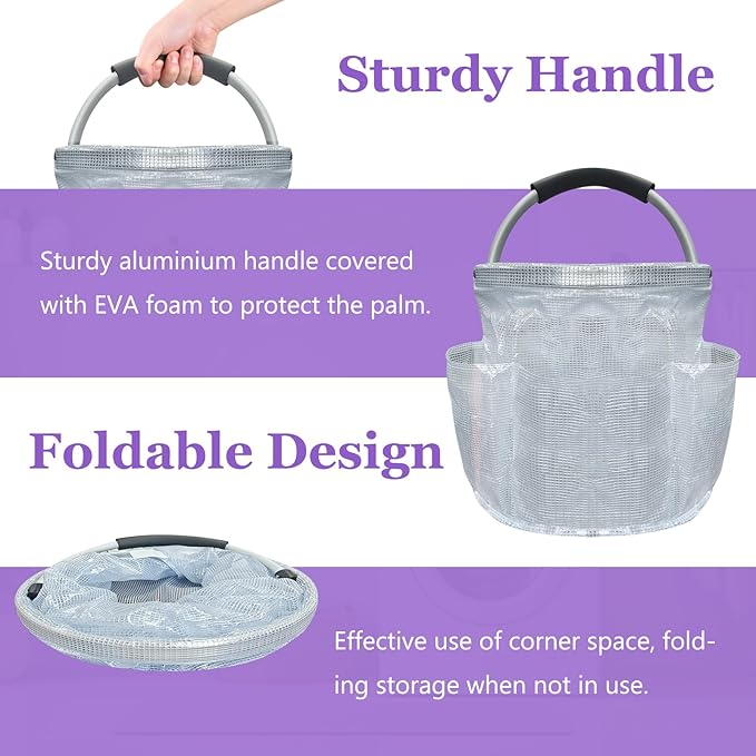 17L Portable Shower Caddy with Handle, Foldable Cleaning Supply Caddy in PVC Resin, Picnic Basket with 6 Side Pockets, Multifunctional Storage Basket for Bathroom, Picnics, Transparent-NeatNest