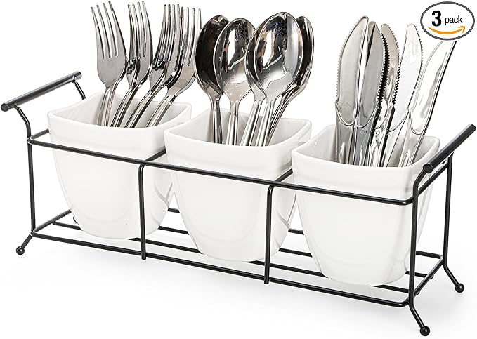 Bekith 3-Piece Ceramic Flatware Caddy with Metal Rack, Utensil Holder Silverware Caddy Cutlery Organizer, White-NeatNest