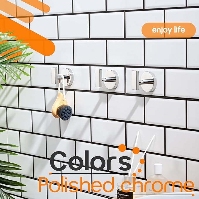 Robe Hook Polished Chrome Bath Towel Hooks Stainless Steel Wall Hooks for Bathroom Kitchen Closet Garage Door Hanger 3 Pack, AN1001CH-P3