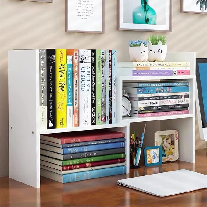 Aleiodvn Expandable Wood Desktop Bookshelf,Desktop Organizer Office Storage Rack,Free Style Rotation Display Shelf,Adjustable Desk Hutch Corner Desk Storage Shelf,Desk Top Shelfing,Home Decor(White)-NeatNest