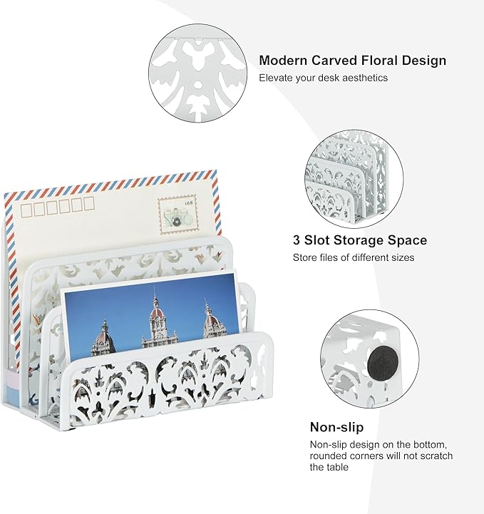 EasyPAG 2 Pack Mail Organizer with Hollow Floral Design, Metal Desktop Letter Sorter – 3 Compartments, No Assembly, Anti-Slip Feet for Office/Home Desk, White