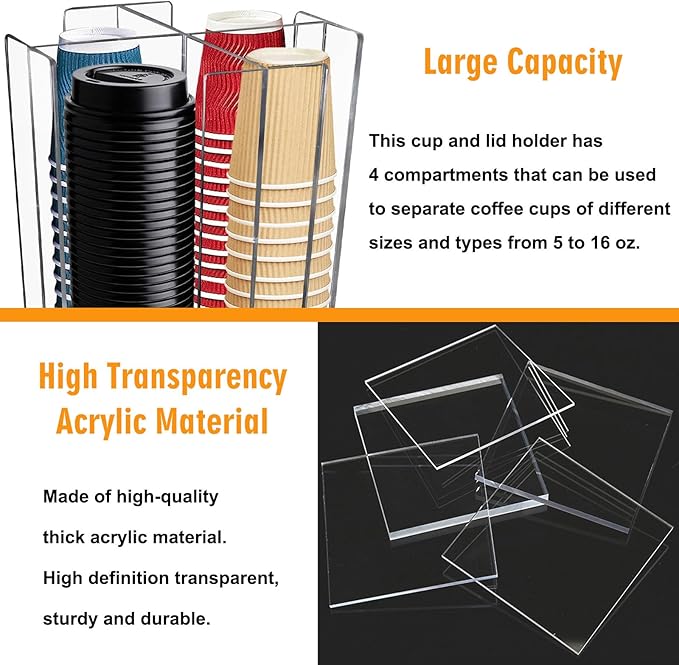 Cup and Lid Holder, 360° Rotated Coffee Cup Dispenser, Rotating Lid Carousel, Acrylic Cup Storage Organizer Beverage Cup Holder with 4 Compartments for Countertop Coffee Station Bar Restaurant, Clear-NeatNest