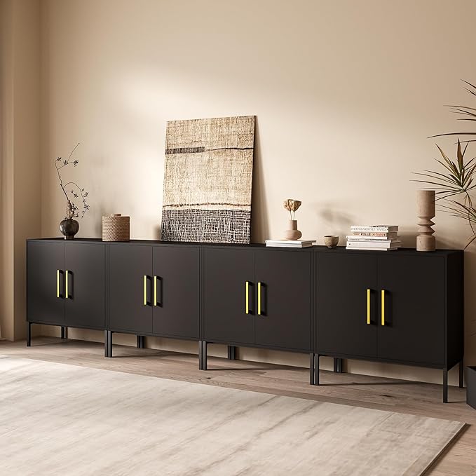 JOZZBY Set of 4 Storage Cabinet, Sideboard Buffet Storage, Modern Living Room Cabinet, Black Side Cabinets for Bedroom, Kitchen, and Hallway