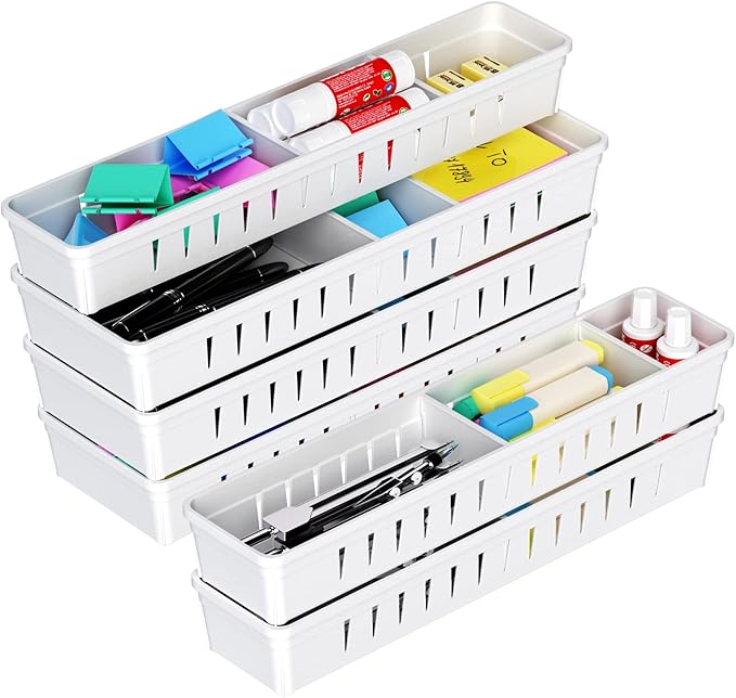 6 PCS Desk Drawer Organizer, Bathroom Drawer Organizer Trays with Dividers Adjustable, Makeup Organizer Bins for Vanity Clothes Junk Kitchen Utensil