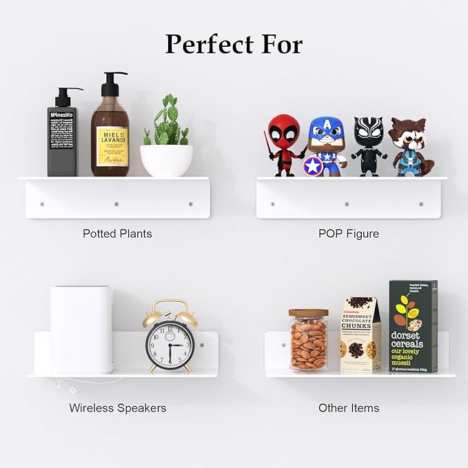 12" White Acrylic Floating Shelves, 4 Pack with Cable Clips, Small Floating Shelf for Expand Wall Display Space in Living Room, Bathroom, Gaming Room, Dorm Wall Decor-NeatNest