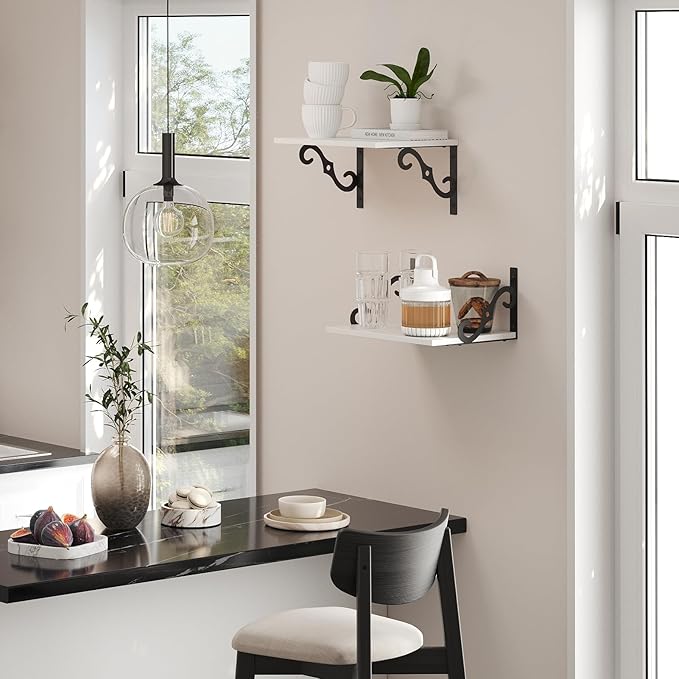 DINZI LVJ Deep Floating Shelves, 16" W x 12" D Wall Shelves Set of 2, Wide Display Shelf Wall Mounted with Brackets, Easy-to-Install Wall Bookshelf for Living Room, Bathroom, Bedroom, White-NeatNest