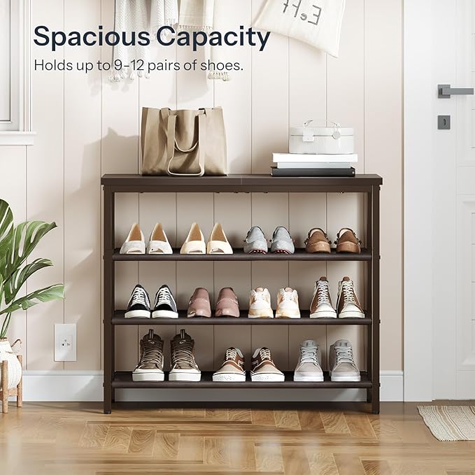 HOOBRO Shoe Rack with 3 PU Shelves, 4-Tier Shoe Storage Organizer for Closet and Entryway, Holds 9-12 Pairs of Shoes, Sturdy Metal Frame, Small Spaces, Brown BR94XJ01-NeatNest