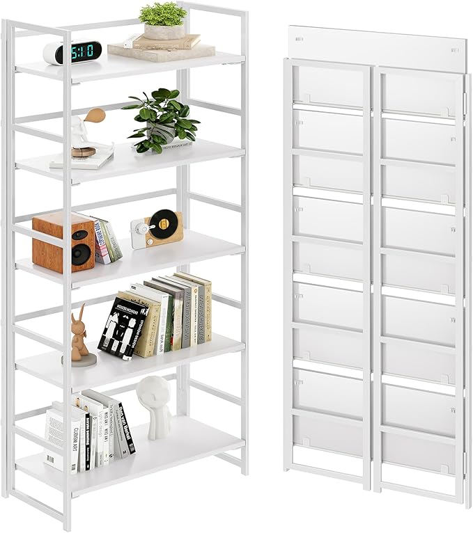BHG Vintage Multifunctional Folding Bookshelf, No-Assembly Plant Stand Storage Rack Shelves for Home Office (All White, 5-Tier)-NeatNest