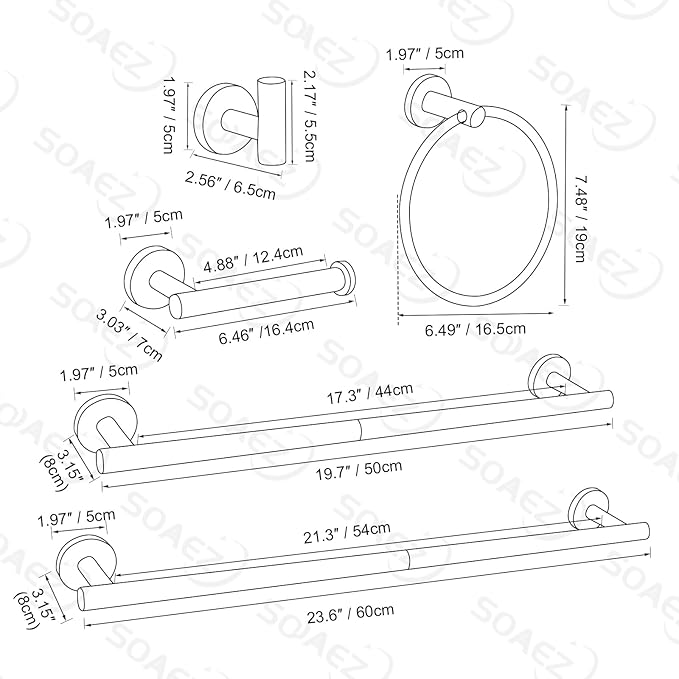 Bathroom Hardware Set, 6-Piece Towel Bar Set Brushed Nickel Towel Holder Set Includes 19.68/23.6 in Towel Bar,Toilet Paper Holder,Towel Ring and Towel Hook Wall Mount Bathroom Accessories Set