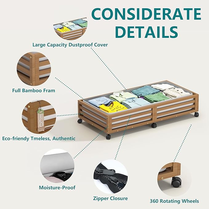 Bamboo Under Bed Storage Containers- Underbed Organizer with Wheels with Large Capacity Dust Bag,Sturdy Wood Rolling Under Bed Shoe Storage Organizer 2 Packs (Walnut, 2 Packs (33.07"×16.54"))-NeatNest