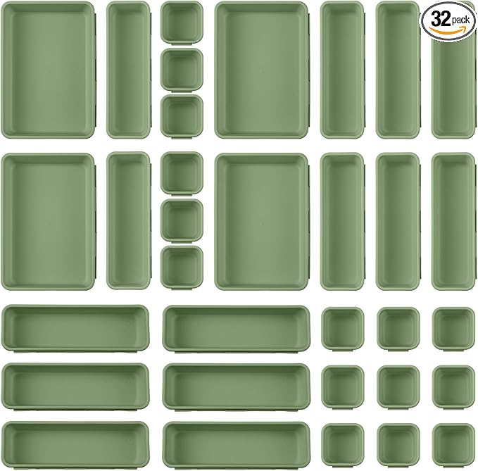 32 Pcs Desk Drawer Organizer Office Organization Tray Versatile Vanity Organizer with Nonslip Pads Makeup for Divider Drawer Storage Box Container for Kitchen Bedroom(Dark Green)