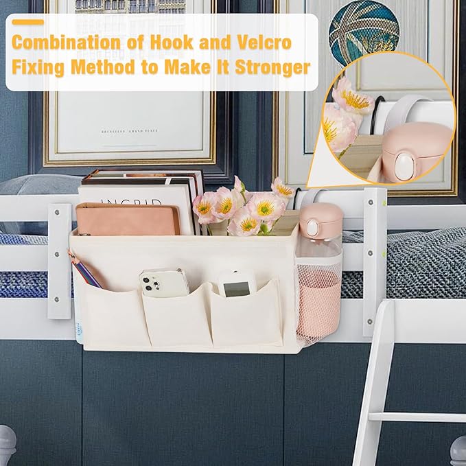 Bedside Caddy Bedside Organizer Bedside Storage Caddy with Fixed Straps and Water Bottle Holder for Home College Dorm Bunk Bed Hospital Bed Crib Bed Rails (White)-NeatNest