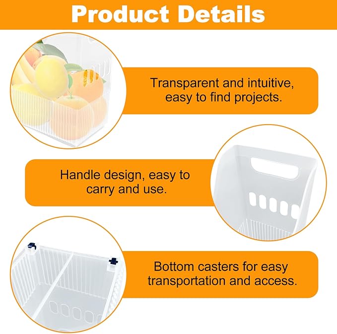 3 Pcs Freezer Organizer Bins with Wheel Clear Plastic Pantry Organizer and Storage 3 Size Tall Narrow Kitchen Organization Pantry Organizer Snack Storage Containers for Office Refrigerator