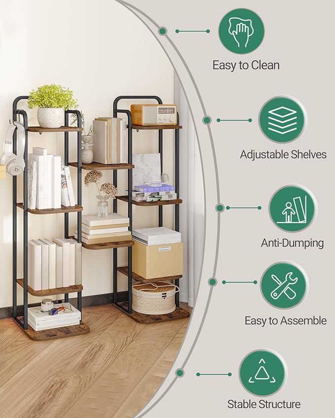 6 Tiers Vertical Shoe Rack, Narrow Shoe Tower, Tall Shoes Shelf with 2 Hooks, Adjustable Shelves, Corner Shoes Shelves for Small Spaces, Entryway, Living Room, Rustic Brown SR04201B-NeatNest