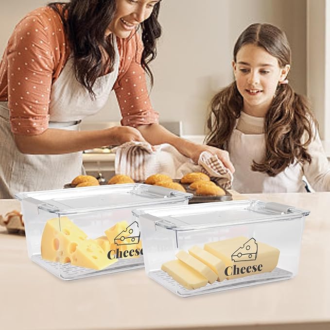Cheese Container Airtight with Draining Basket Cream Cheese Sliced Cheeses Box with Lid Saver for Fridge Cheeses Keeper Cream Block Shredded Storage Box Saver (Clear - 2 Pack)-NeatNest