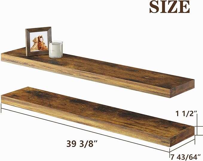 BAMEOS Floating Shelves,40 in W x 7in D Wall Mounted Wooden Shelves with Invisible Brackets Set of 2, Hanging Wall Shelves Decoration for Bedroom, Bathroom, Living Room and Kitchen,Rustic Brown-NeatNest