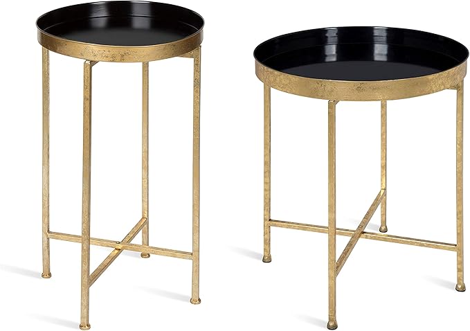 Kate and Laurel Celia Round Metal Foldable Tray Accent Table, Black with Gold Base