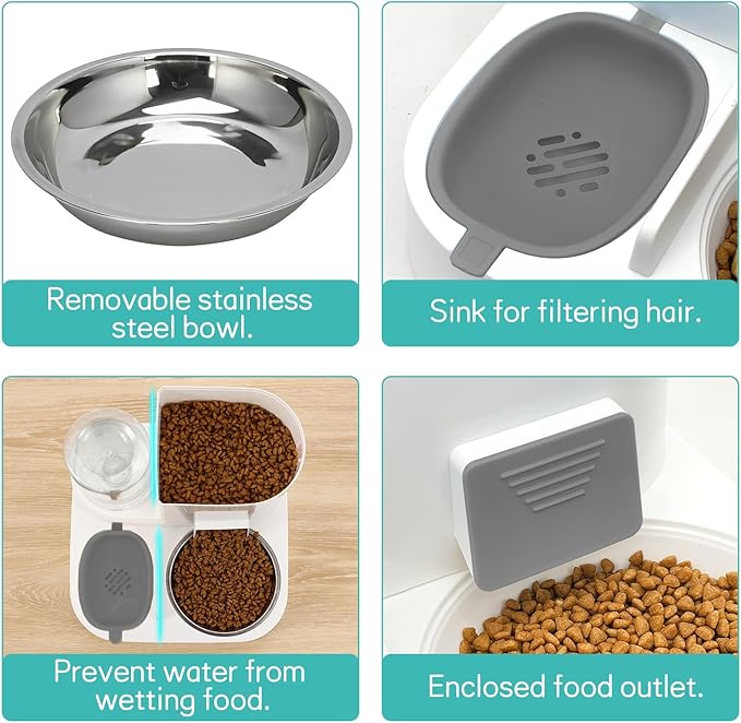 Fhiny Gravity Cat Feeder and Water Dispenser, 2 in 1 Automatic Pet Waterer Detachable Stainless Steel Food Bowls Set Pet Food Storage for Small Dog Puppy Cat Kitten Pet Easy Clean (Grey)-NeatNest