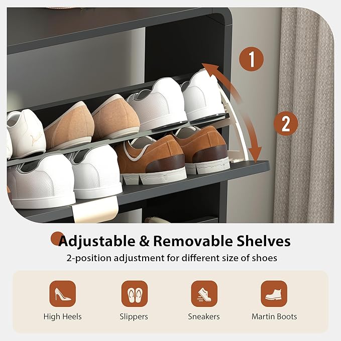 Narrow Shoe Storage Cabinet for Entryway with 2 Flip Drawers, Curved Edge Shoe Cabinet with Arched Stripe Panel, Freestanding Wood Shoe Organizer Closed Shoe Rack for Hallway, Foyer (Black)-NeatNest