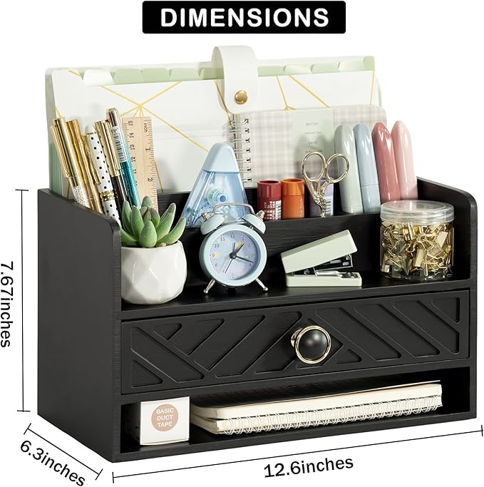 Black Wood Desk Organizer and Accessories with Drawer, Bill Mail Organizer and File Mail Holder for Office Supplies, Desk Accessories & Workspace Organizers for Desk Organization-NeatNest