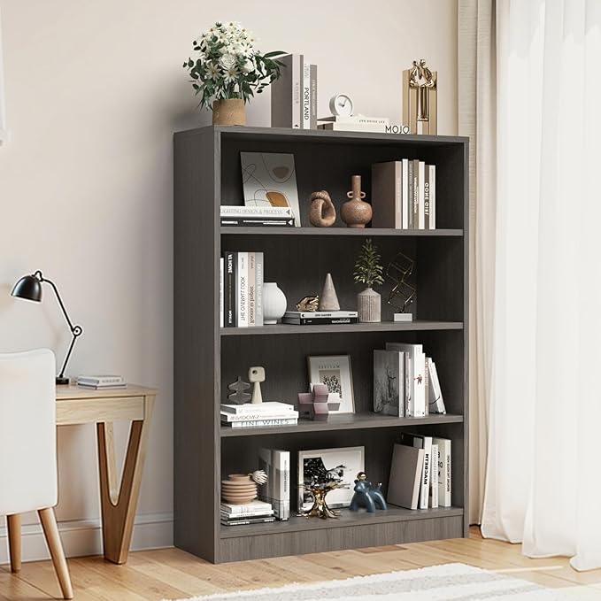 Farini 48 Inch Tall 4-Shelf Bookcase, Wood Bookshelf Storage Organizer Adjustable Shelf for Home Office, Study Room, Easy Assembly,Grey