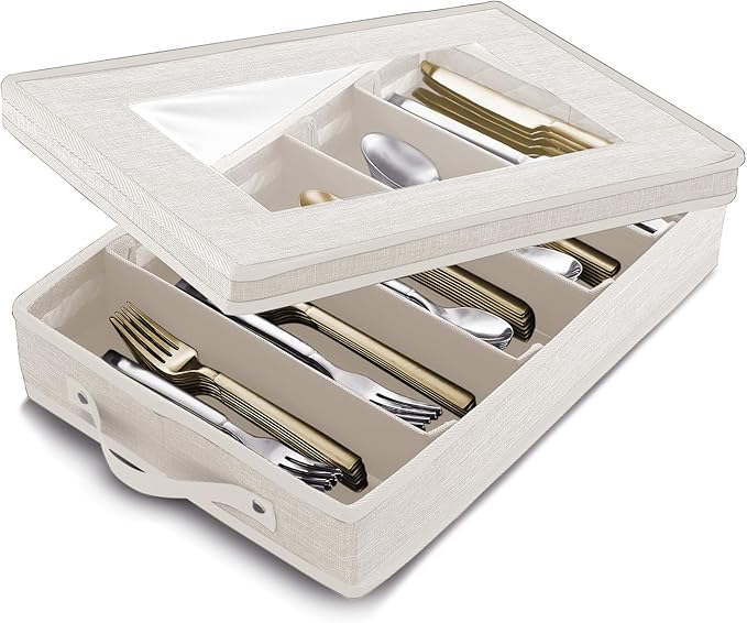 Flatware & Utensil Storage, Durable Silverware Storage Box with Padded Dividers, 5 Compartment Flatware Storage Case, Silverware Case with Handles, Protects and Organizes Cutlery, Cream-NeatNest
