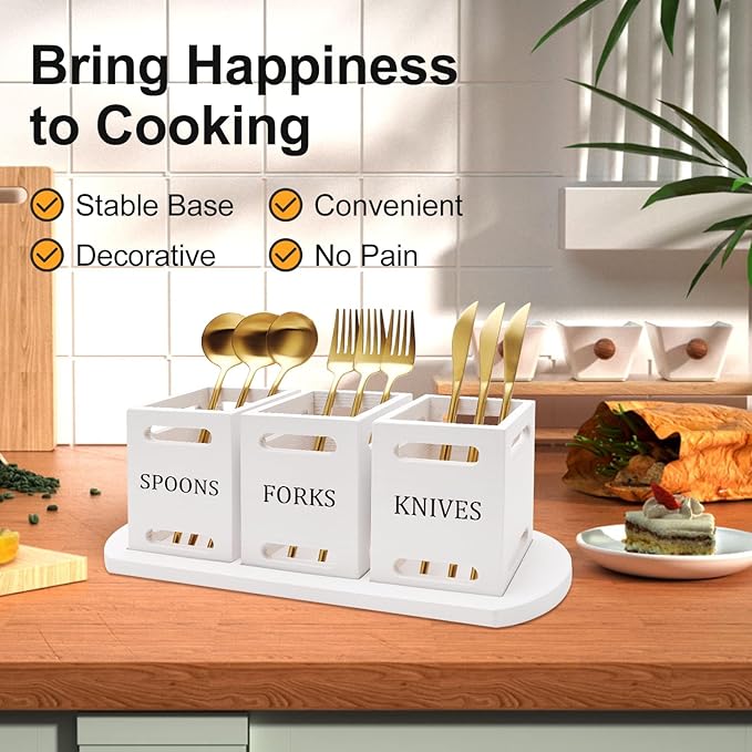 Ayiaren Wooden Flatware Silverware Caddy White Cutlery Holder with Wood Tray Utensils Holder for Kitchen Counter Wood Silverware Organizer for Table Countertop Knife Fork and Spoon Holder for Party-NeatNest