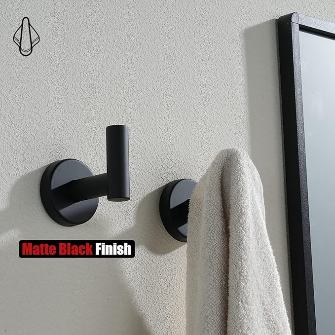 JQK Black Bathroom Towel Hook, Coat Robe Clothes Hook for Bathroom Kitchen Garage Wall Mounted (2 Pack), 304 Stainless Steel Matte Black, TH100-PB-P2-NeatNest