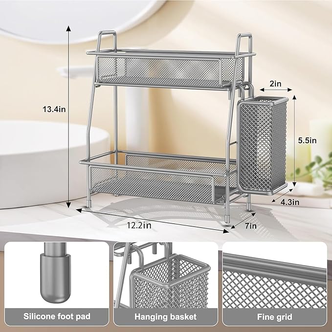 LEMIKKLE Spice Rack Organizer for Kitchen Counter, Spices Organizer and Storage Seasoning Organizer for Cabinet, Kitchen Metal Countertop Organizer with Side Basket (Grey)-NeatNest