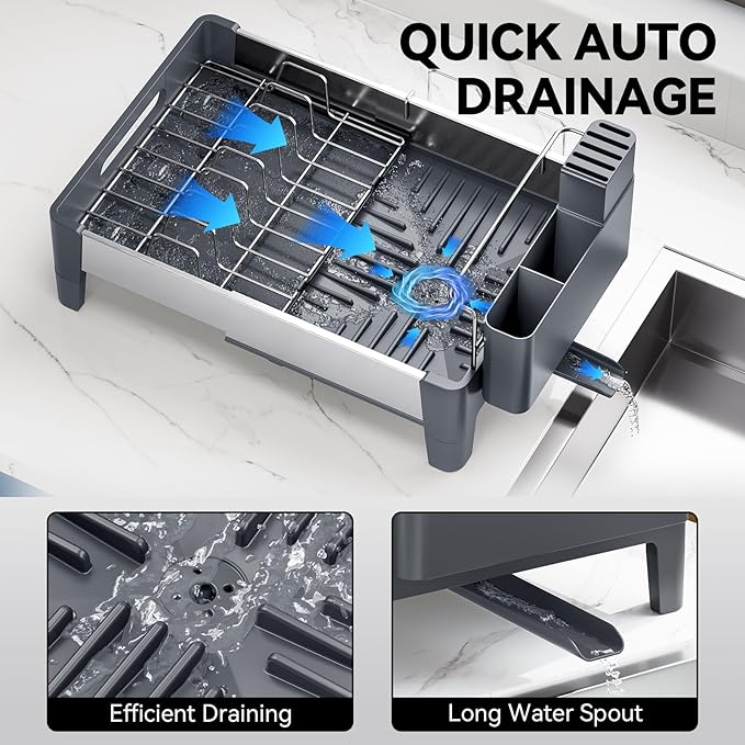Expandable Dish Drying Rack, Stainless Steel Dish Rack with Aluminum Frame, Dish Racks for Kitchen Counter, Space Saving Kitchen Drying Rack with Movable Utensil Holder,Gray