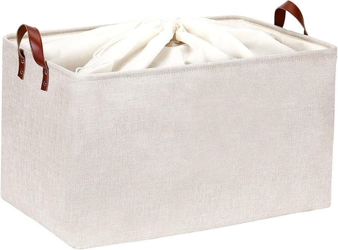DULLEMELO Large Beige Storage Basket 70L Oversized Canvas Fabric Storage Bin, Collapsible Rectangular Toys Basket Organizer with Handles, 22X15 Storage Container for Clothes, Blankets, Pillows-NeatNest