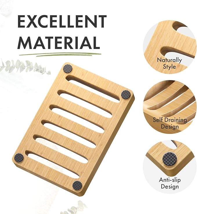 AmazerBath Soap Holder Soap Dish, Bamboo Soap Dish, 2 Pack Wood Bar Soap Holder for Shower, Trays Self Draining, Soap Saver for Shower, Bathroom, Kitchen(Natural Color)-NeatNest