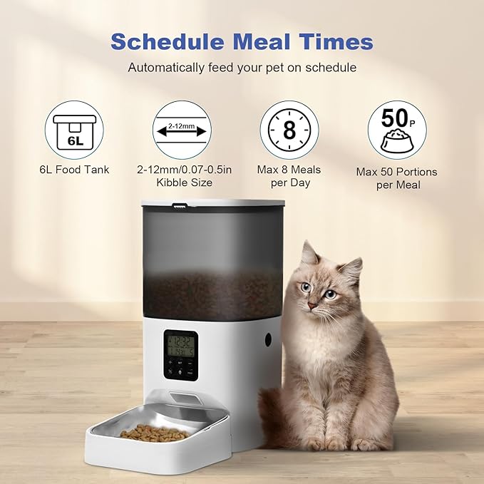 Automatic Cat Feeder, 6L Cat Food Dispenser with 10s Voice Recorder, Pet Feeder up to 8 Meals per Day, Timed Feeder with Dry Food Sealed Ring (Jade White, 6L)-NeatNest