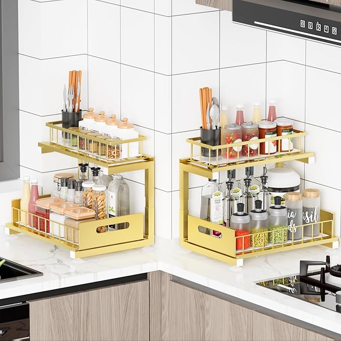 Under Sink Organizer Storage: Adjustable Height, 2 Tier L-Shaped Pull-Out Metal Shelf with Non-Slip Pads & Rust-Resistant Design Maximize Kitchen & Bathroom Cabinet Space-NeatNest
