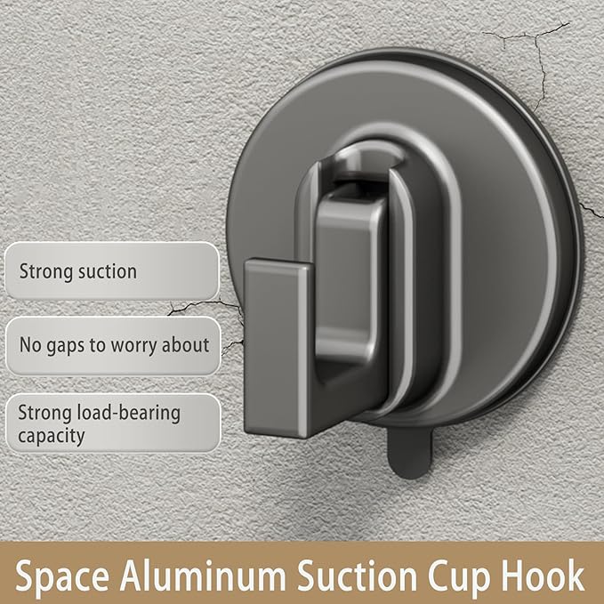 Aluminum Metal Heavy-Duty Suction Cup Bathroom Towel Hook Door Mounted Clothes Hook Wardrobe Sticky Hook no Drilling no Damage to The Wood Board Removable (Grey 2 Pack)