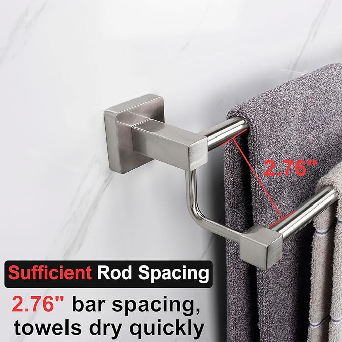 TocTen Double Bath Towel Bar - Thicken SUS304 Stainless Steel Towel Rack for Bathroom, Bathroom Accessories Double Towel Rod Heavy Duty Wall Mounted Square Towel Holder(Brushed Nickel, 24 INCH)