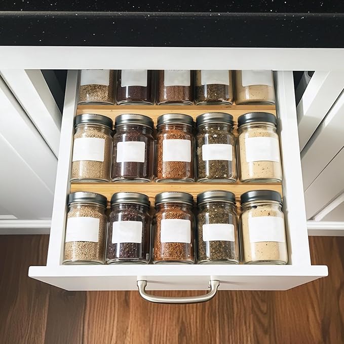 Bamboo Spice Rack For Drawer,4Pcs Tier Stackable Seasoning Storage Organizer Insert,for Kitchen Condiments Storage Insert(Jars Not Included,Combined Size:18.9" D x 9.5" W x 1.8" H)-NeatNest