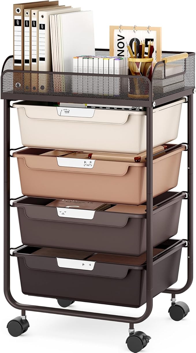 Rolling Cart with 4 Drawers,4 Tiers Rolling Utility Cart Craft Cart,Rolling Storage Drawer Cart with Mesh Top,Storage Cart with Drawers & 4 PCS DIY Lable, Brown