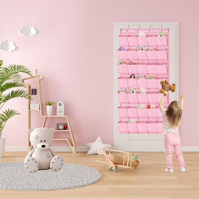 35 Pockets Over the Door Shoe Organizer, Hanging Door Shoe Rack for Closet, Large Shoe Storage Holder Zapateras Organizer for Shoes (Pink)-NeatNest