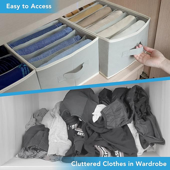 3 Pcs Large Size Wardrobe Clothes Organizers 6 Grids for Pants, Jeans, Sweater, T-shirt, Thin Coat, Dress Stackable Closet Drawer Organizer Storage Bin Container with Sturdy Handles, Grey-NeatNest