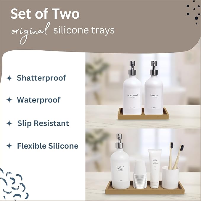 Countertop and Vanity Tray - 2 PC (11” and 7”) Shatterproof Silicone Kitchen and Bathroom Trays for Counter, Kitchen Soap Dispenser Tray, Vanity Trays for Bathroom, Perfume Key Tray-NeatNest